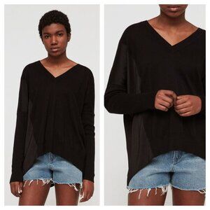 All Saints Alda Panel V-neck Knit Mixed Media Top S Black